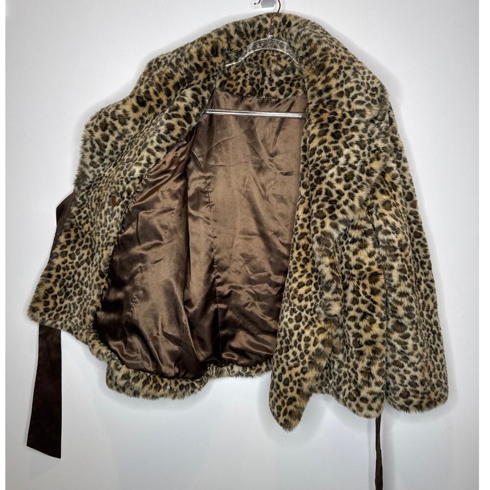 Vintage 2000s Leopard Faux Fur Wrap Coat Jacket With Side Ribbon Tie Large - Picture 9 of 16